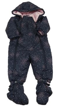 Tmavomodrá prešívaná šušťáková zimná kombinéza s ružovými hviezdičkami a kapucí + cápačky zn. S. Oliver