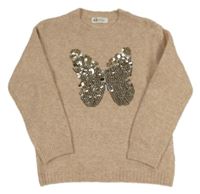 Pudrový melírovaný vlnený sveter s motýlkem z pajetek H&M