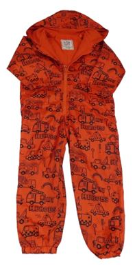 Červená šusťáková jarní kombinéza se stavebními stroji a IZS a kapucí Matalan