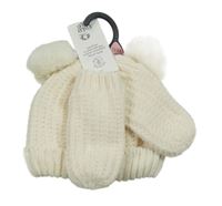 Nové - smetanová žinylková čepice s bambulemi + rukavice F&F