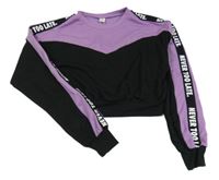 Čierno-fialová crop mikina s pruhom s nápismi SHEIN