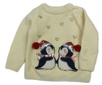 Vanilkový melírovaný žinylkový sveter s tučňáčky a srdíčky z flitrů C&A