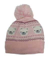 Světlerůžová pletená čepice s medvídky a vzorem a bambulí Nutmeg