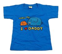 Cobaltově modré tričko se sloníky a nápisy 