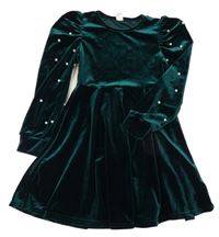 Smaragdové zamatové šaty s perlami SHEIN