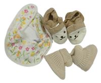 3Set - Bílý bryndák s kytičkami PRIMARK + 2x - bačkory