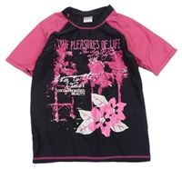 Čierno-ružové UV tričko s nápismi a kvietkami Pocopiano