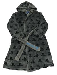 Tmavosivý chlpatý župan s logy PlayStation a kapucňou