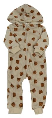 Béžová chlupatá kombinéza s medvědy a kapucí Zeeman