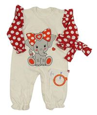 Nové - 2set - Smetanovo-červený overal se slonem + červená puntíkatá čelenka s mašlí