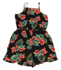 Černý květovaný lehký kraťasový overal s listy Primark