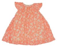 Smetanovo-neónově oranžové šifónové plisované šaty s motýly H&M