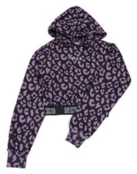 Čierno-fialová vzorovaná crop mikina s kapucňou