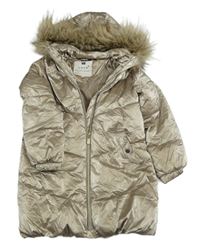 Zlatý šusťákový zimní kabát s kapucí s kožešinou F&F