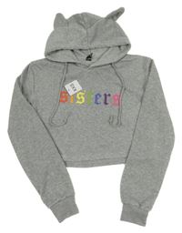 Nové - šedá melírovaná crop mikina s nápisy a kapucí 