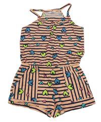 Oranžovo-tmavomodrý pruhovaný kraťasový overal se srdíčky 