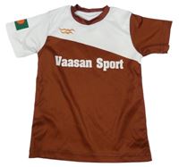 Hnedo-biele športové tričko s číslom a nápisom