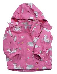 Ružová šušťáková jarná lehce zateplená bunda s kapucňou a jednorožcami Tchibo