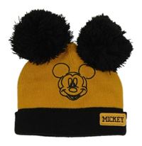 Černo-medová čepice s Mickeym a bambulemi 
