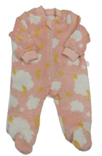 Růžový chlupatý overal s mraky Shein