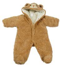 Béžová chlupatá zateplená kombinéza s kapucí - medvěd 