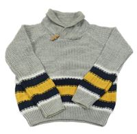 Sivo-bielo-tmavomodro-horčicový sveter s golierikom Lupilu