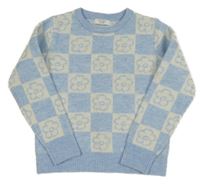 Světlemodro-bílý kostkovaný květovaný svetr Primark