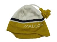 Bílo-hořčicovo-tmavomodrá čepice s nápisem a třásní 