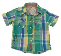Zeleno-modro-žltá kockovaná košeľa s nápismi
