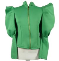 Dámský zelený neoprenový kabátek s balonovými rukávy