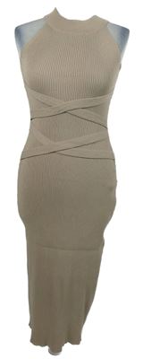 Dámské béžové žebrované svetrové šaty se zkřížením 