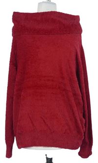 Dámsky červený chlpatý sveter s komínovým golierom