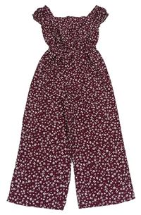 Vínový kvetovaný nohavicový culottes overal New Look