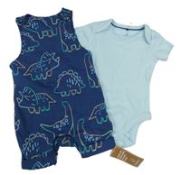 -Nové 2set- tmavomodrý kraťasový teplákový overal s dinosaury+ modré body Mothercare