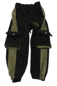 Černo-khaki žebrované sametové silnější tepláky s kapsami 