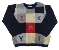 Tmavomodro-sivo-béžový kockovaný vlnený sveter s písmeny Mayoral