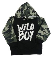 Černo-khaki army mikina s nápisom a kapucňou