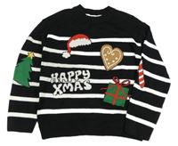 Čierno-biely pruhovaný sveter s vánočním motívom H&M