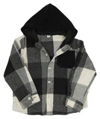 Čierno-sivo-čierna kockovaná košeľová bunda s kapucňou Shein