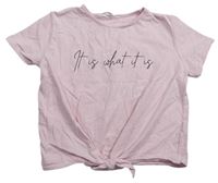Svetloružové crop tričko s nápisom a uzlom Candy Couture