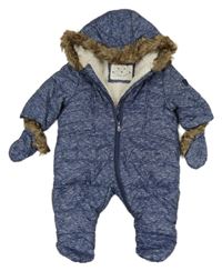 Tmavomodro-bílá melírovaná šusťáková zimní kombinéza s kapoucí + rukavice Mothercare