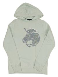 Svetlomodrá mikina s jednorožcem z flitrů a kapucňou Destination