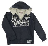 Tmavomodrý prepínaci zateplený sveter s nápisom a kapucňou Rebel