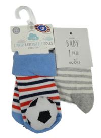 Nové - 2x - Bílo-šedé pruhované + barevné pruhované ponožky s míči vel. 0-18