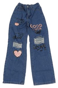 Modré široké rilfe s potlačou a dierami Shein