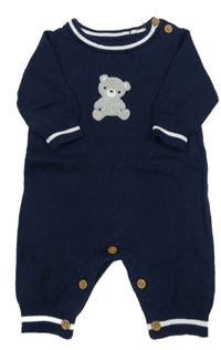 Tmavomodrý úpletový overal s medvídkem a bílými proužky Nutmeg