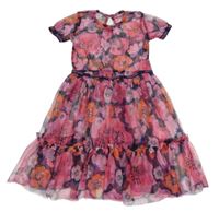 Růžovo-tmavomodré kytičkované tylové šaty 