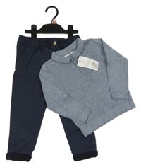 Nové - 2set - Tmavomodré vzorované plátenné kalhoty + modrošedý sveter F&F