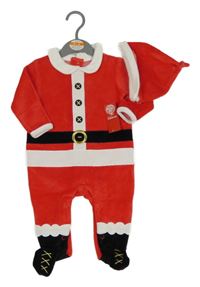Nové - 2Set - Červeno-bílý sametový overal + čepice - Santa Dunnes