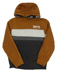 Hnedo-bielo-antracitovo-tmavosivá mikina s nápisom a vreckom a kapucňou C&A